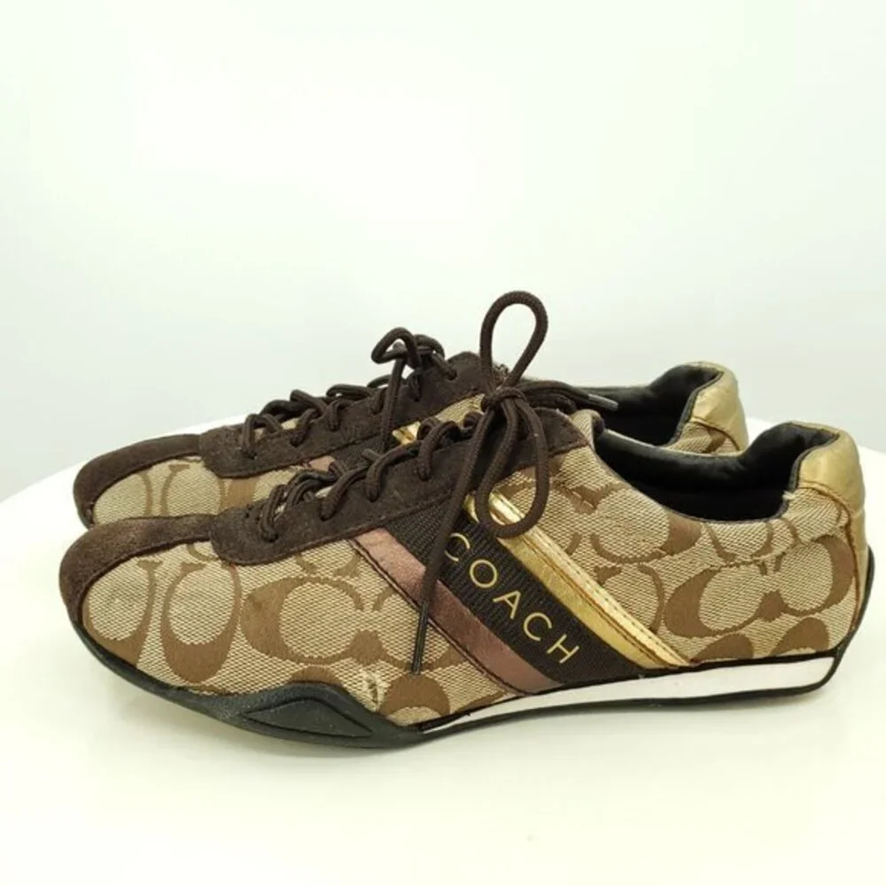 Coach Jayme Signature Suede/Canvas Sneakers 6 Brown/Tan/Gold